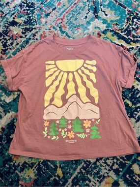 BearPaw Dusty Rose Tee with Yellow Sun and Green Forest Graphic